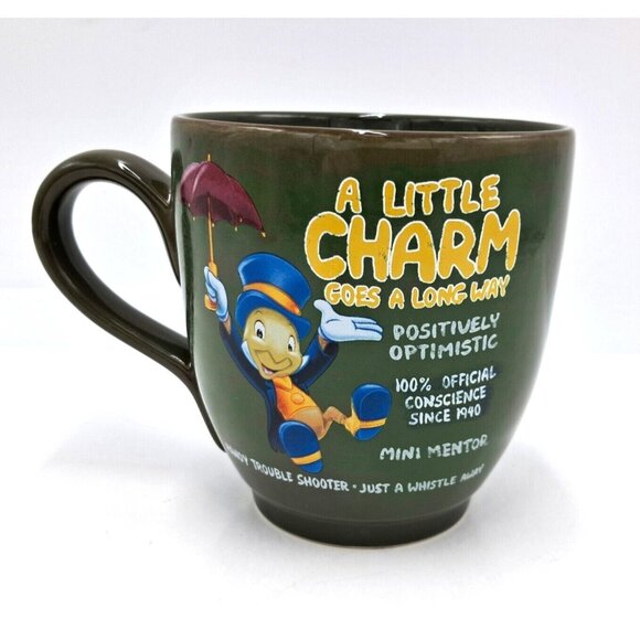 Disney Jiminy Cricket Mug Pinocchio A Little Charm Goes a Long Way Quote Coffee - Picture 1 of 3